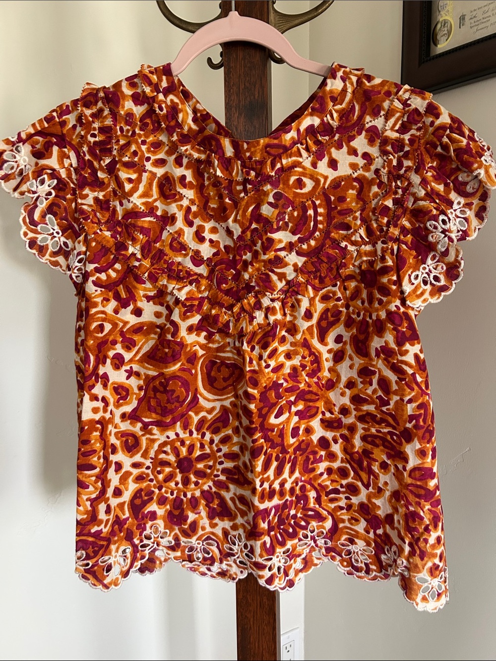 House of Harlow 1960 Orange Paisley Eyelet Ruffle Boho Top Blouse S‎ NWOT